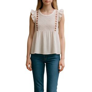 NEW Clarendon Heights Small White Tunic Blouse Mini Dress Red Trim Ruffles